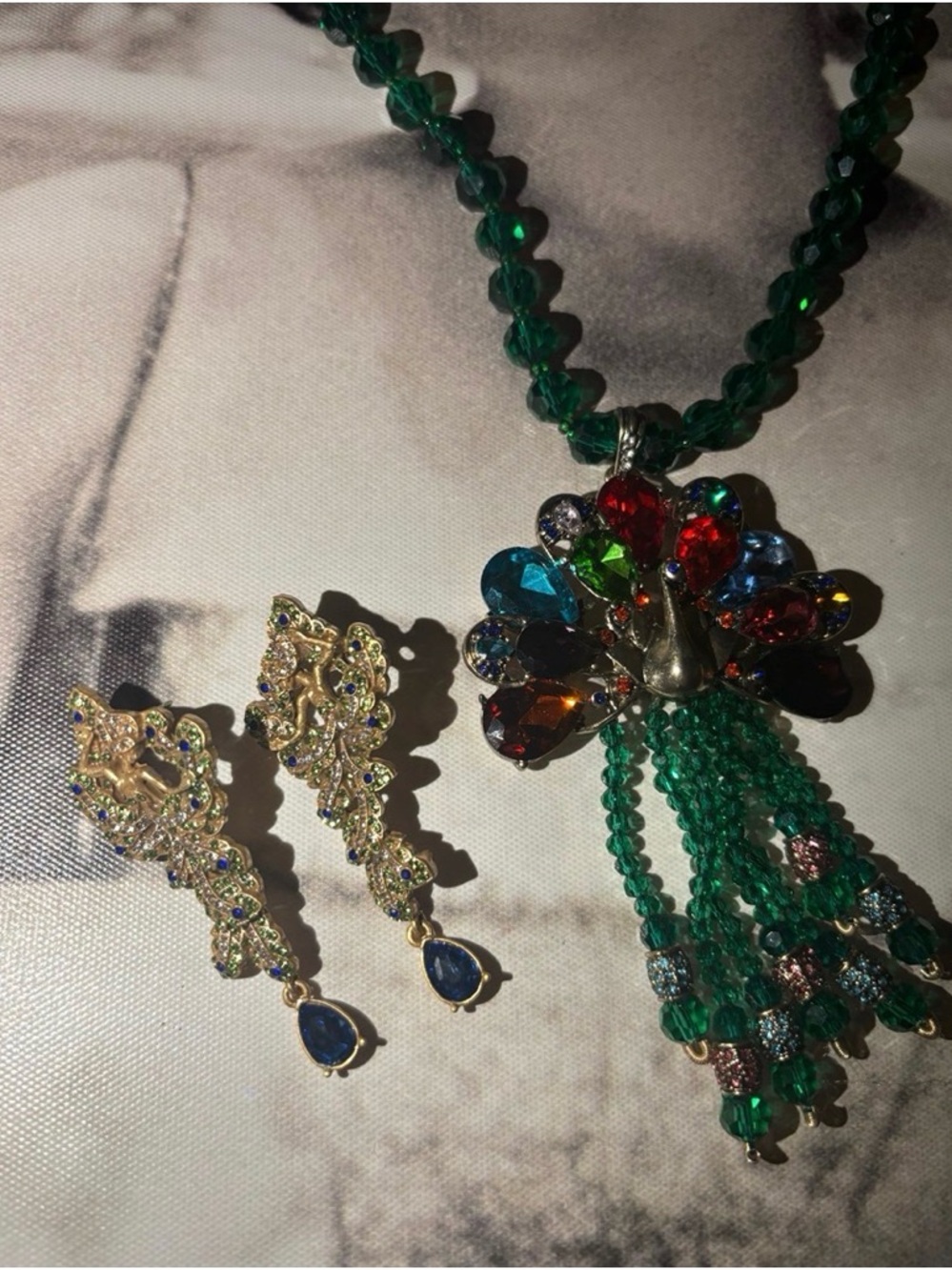 Green Crystal K9 Peacock Necklace with Multicolor Rhinestones & Fairy Earrings